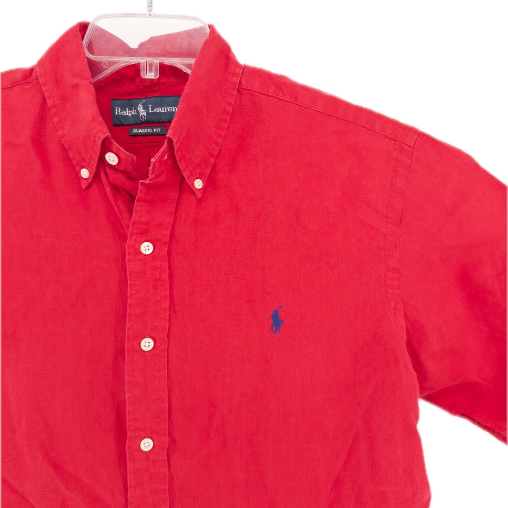 Vintage Polo Ralph Lauren Mens L Linen Short Sleeve Shirt Red Classic Fit Preppy